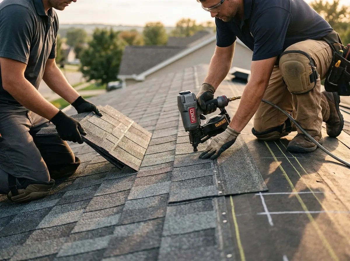 Professional roofer working on a residential roof in Fort Lupton
